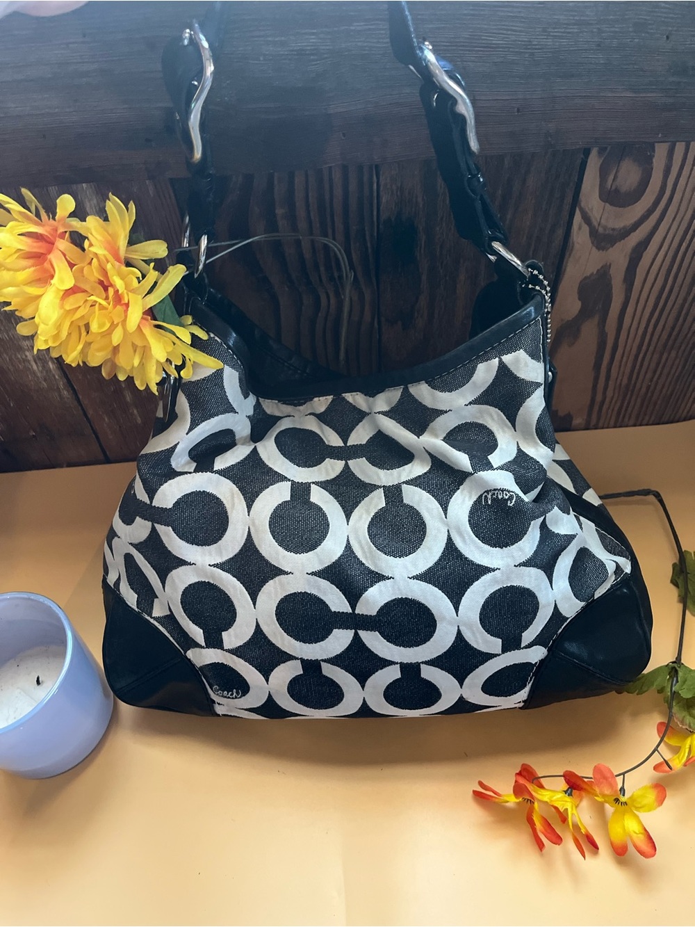 Coach Black and White Signature Circle-Print Shoulder Bag